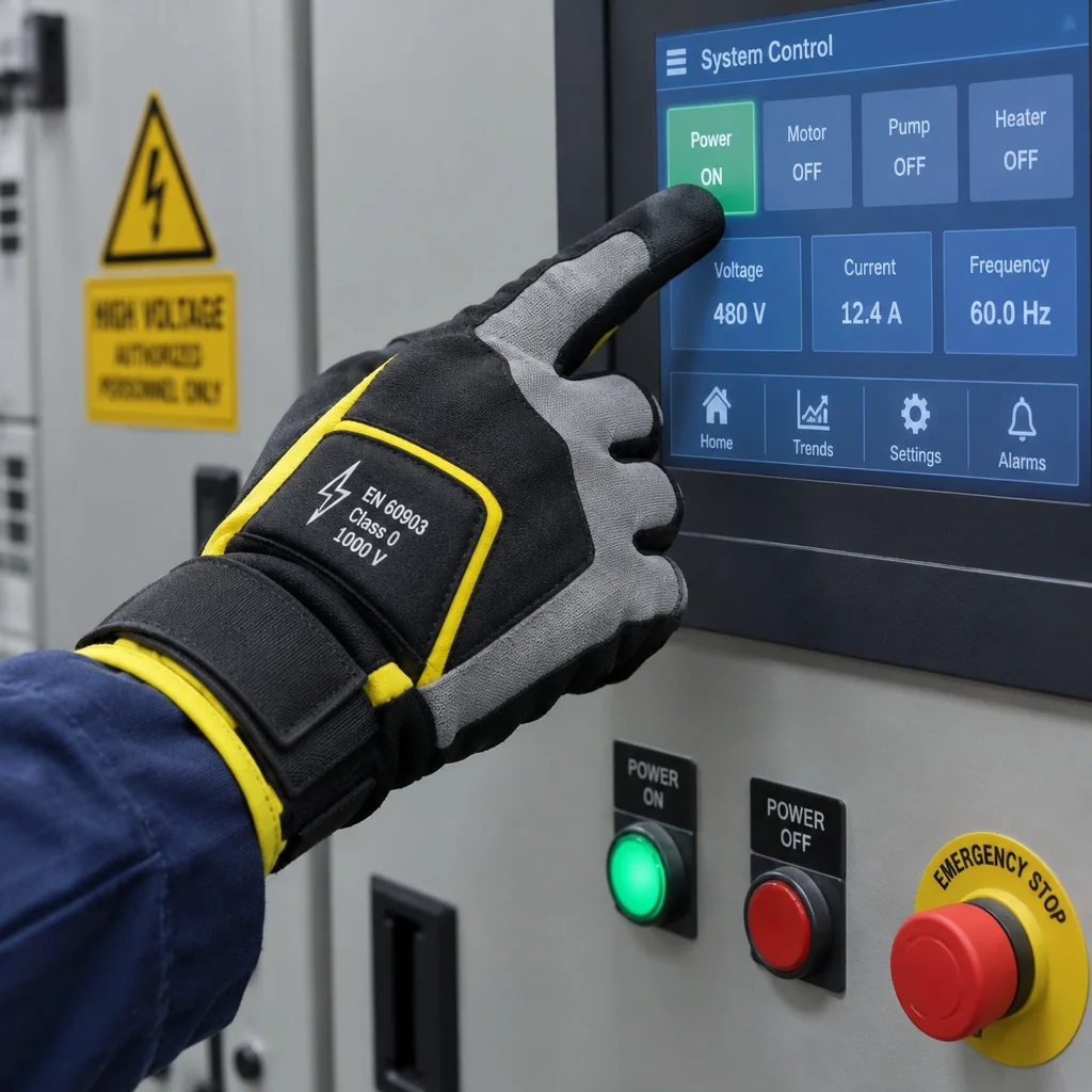 A gloved hand using a digital system control interface.