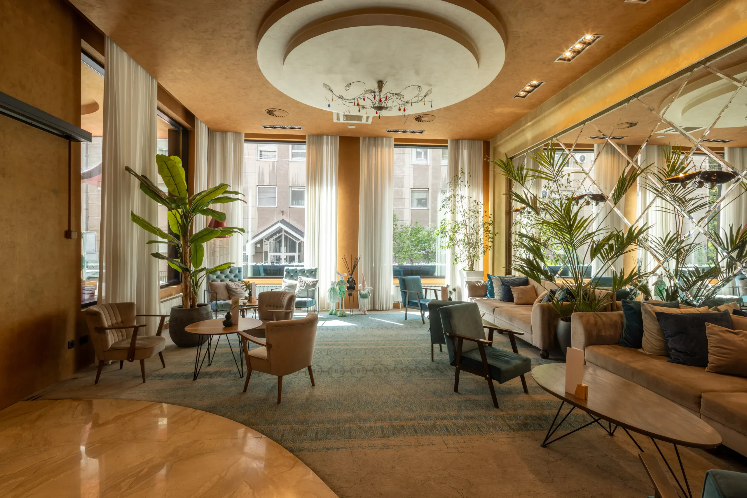 A contemporary hotel lobby.